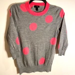 J Crew Grey Crewneck with pink polka dots